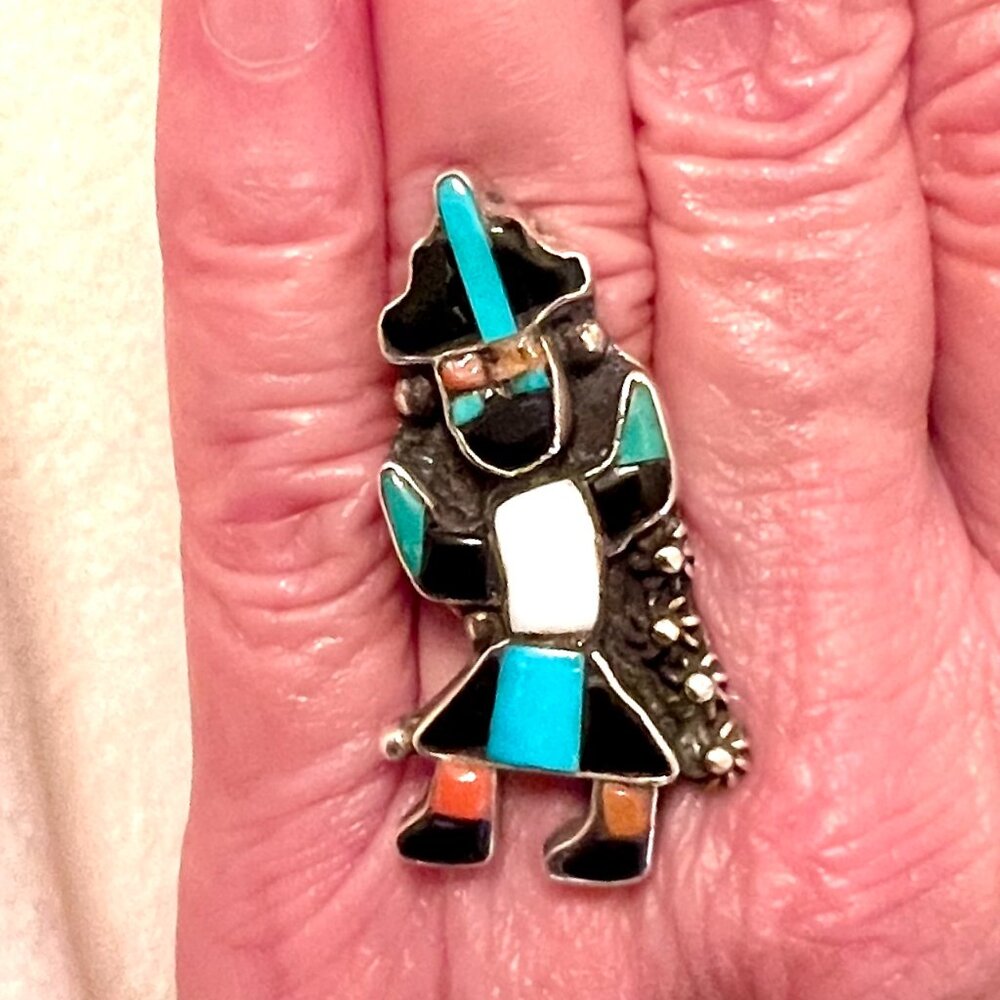 Native American Sterling Turquoise Coral Onyx Zuni Dancing Rainbow Ring Sz 6